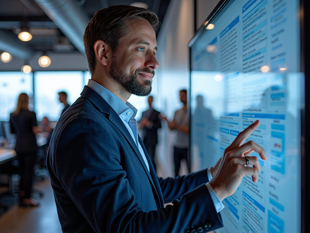 Geoff Meakin pointing at an SEO strategy board in an office